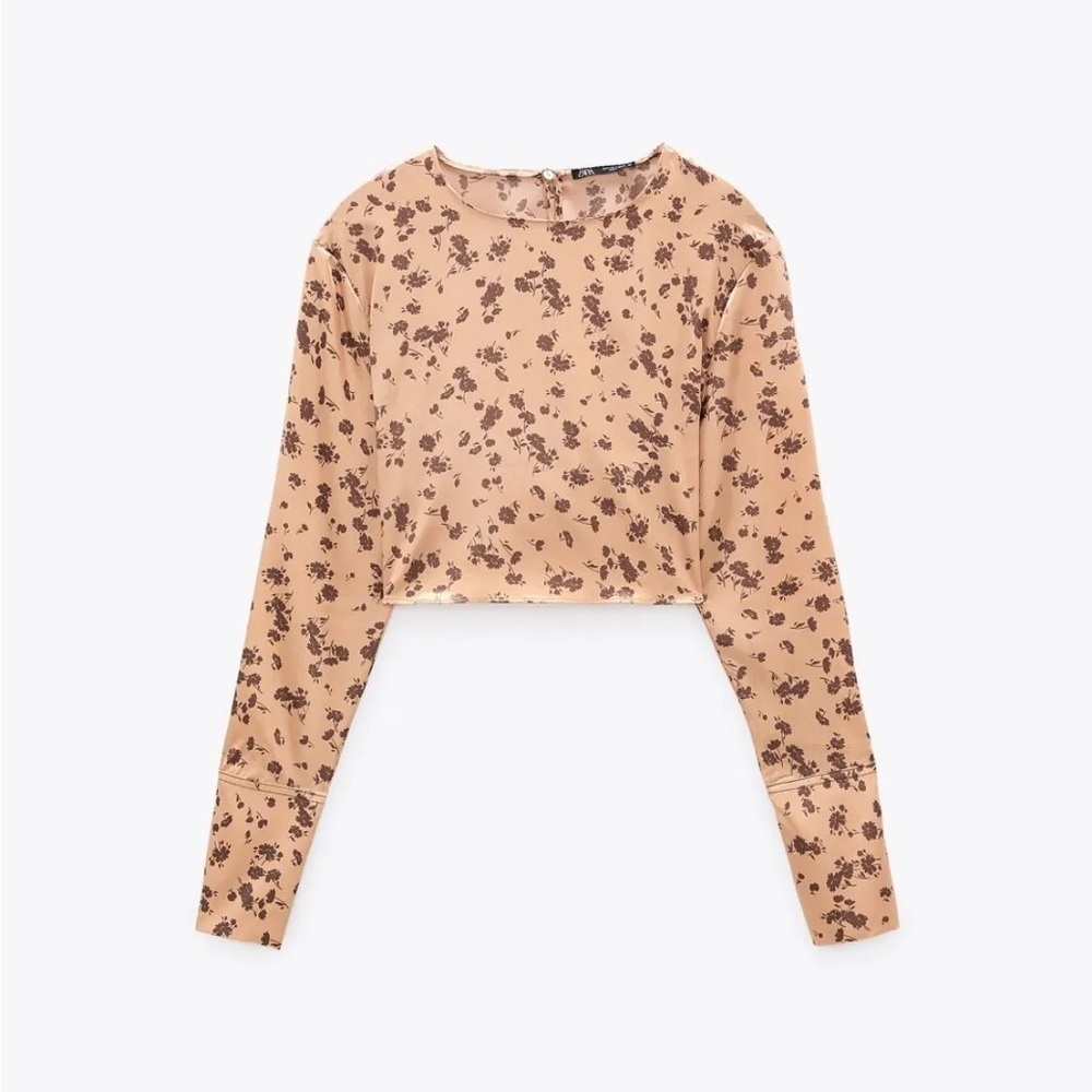 NWT Zara crop floral print top satin blouse 3067419674 peach pastel blouse fairy - Picture 5 of 8